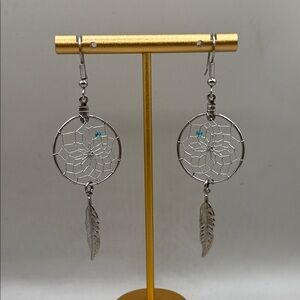 Vintage Silver Tone Dreamcatcher Dangle Drop Statement Earrings